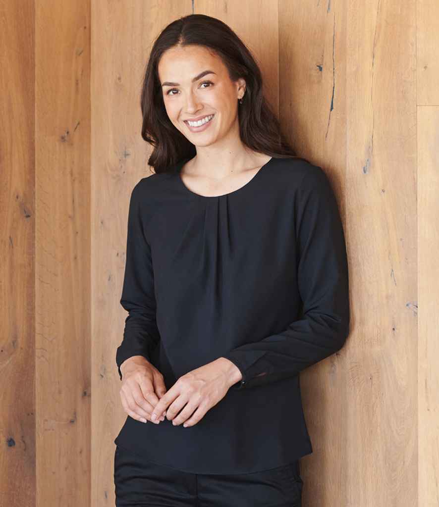 H598 Henbury Ladies Pleat Front Long Sleeve Blouse