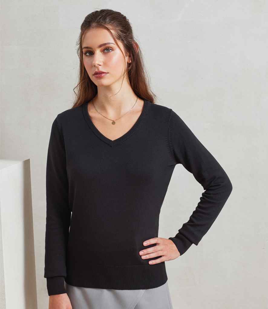 PR696 Premier Ladies Knitted Cotton Acrylic V Neck Sweater